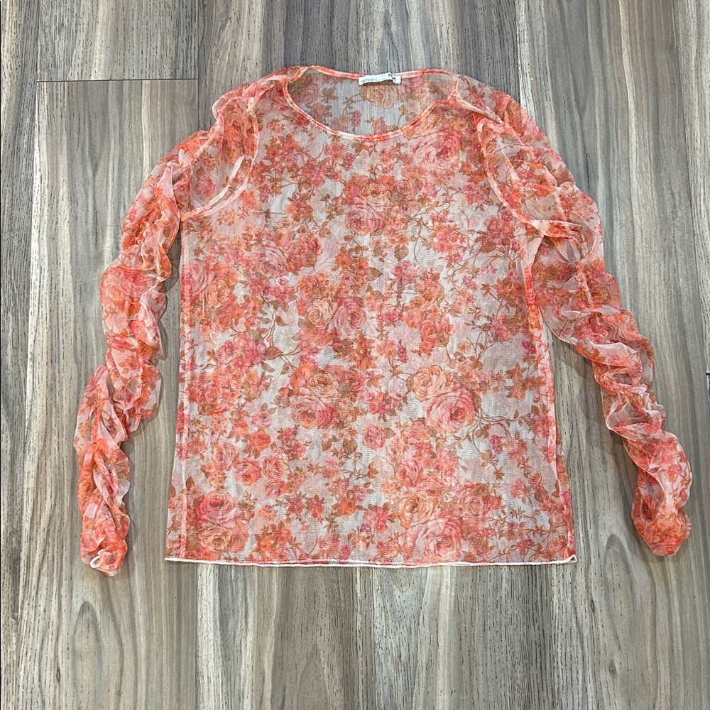 Zara Orange and Pink Floral Sheer Blouse